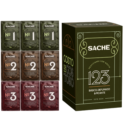 Caixa 9 Sachês | Tempero natural básico, defumado e picante